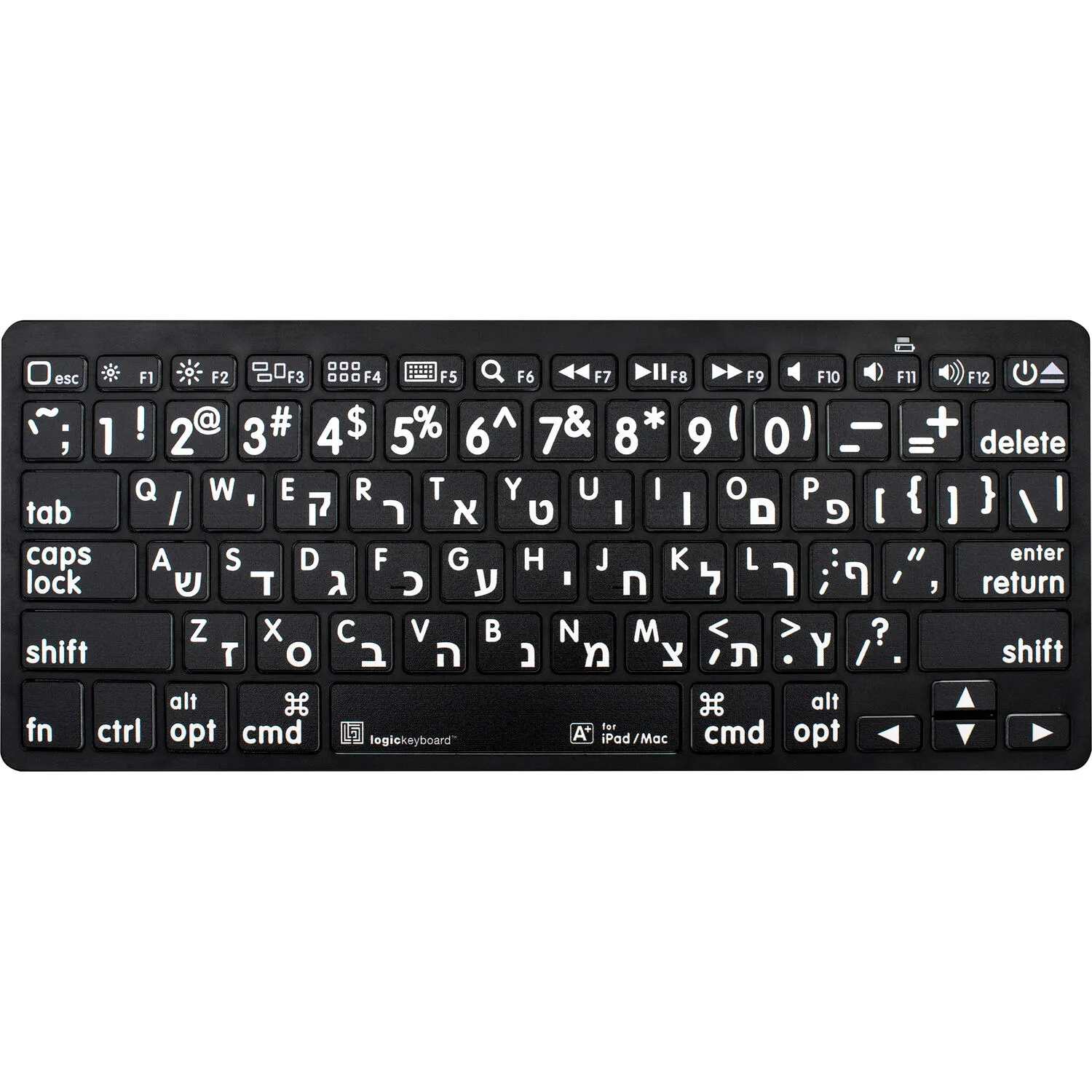Logickeyboard XL Print Bluetooth 3.0 Mini Keyboard (American English/Hebrew, White on Black)