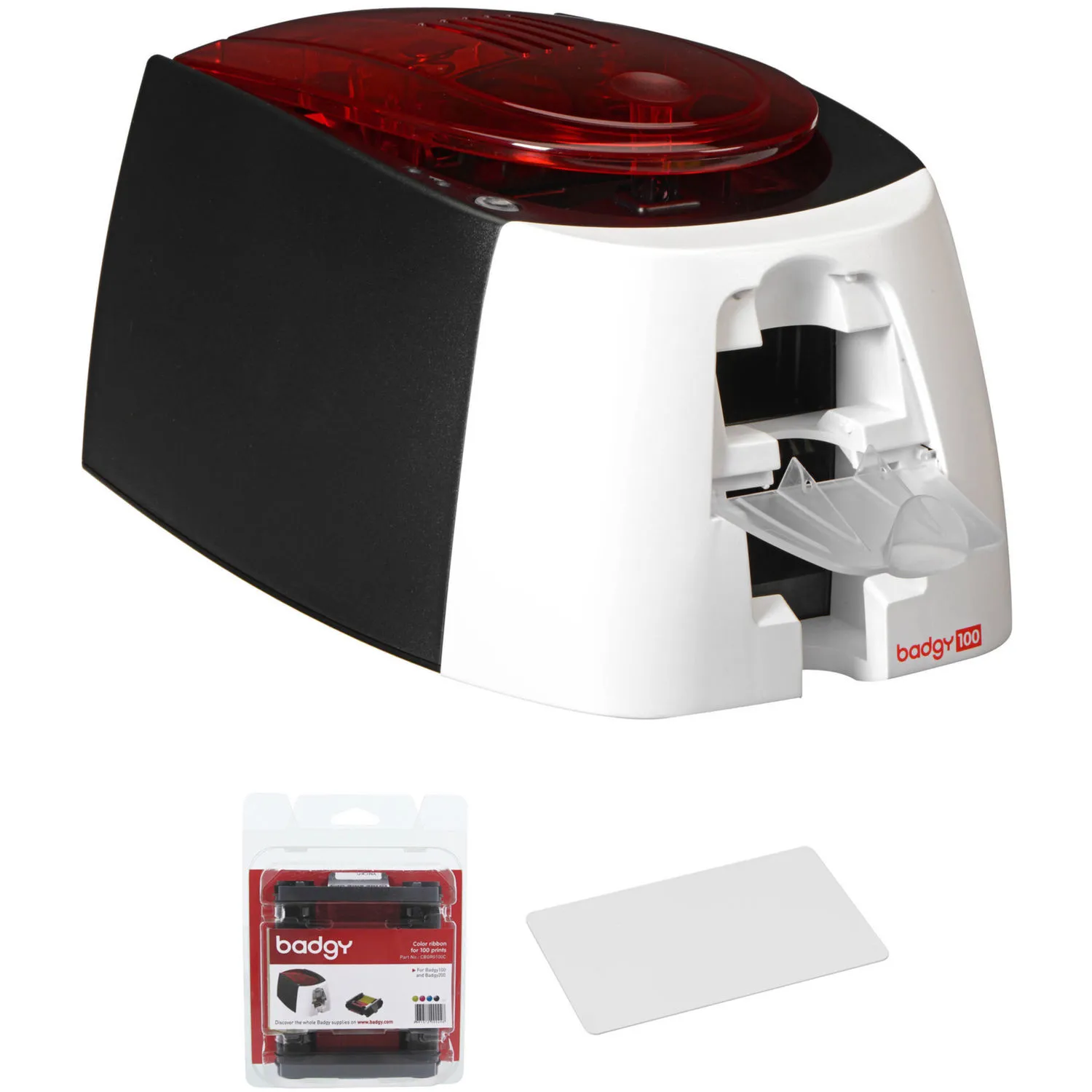 Evolis Badgy100 Single-Sided Card Printer with YMCKO Ribbon and 500 Cards Kit