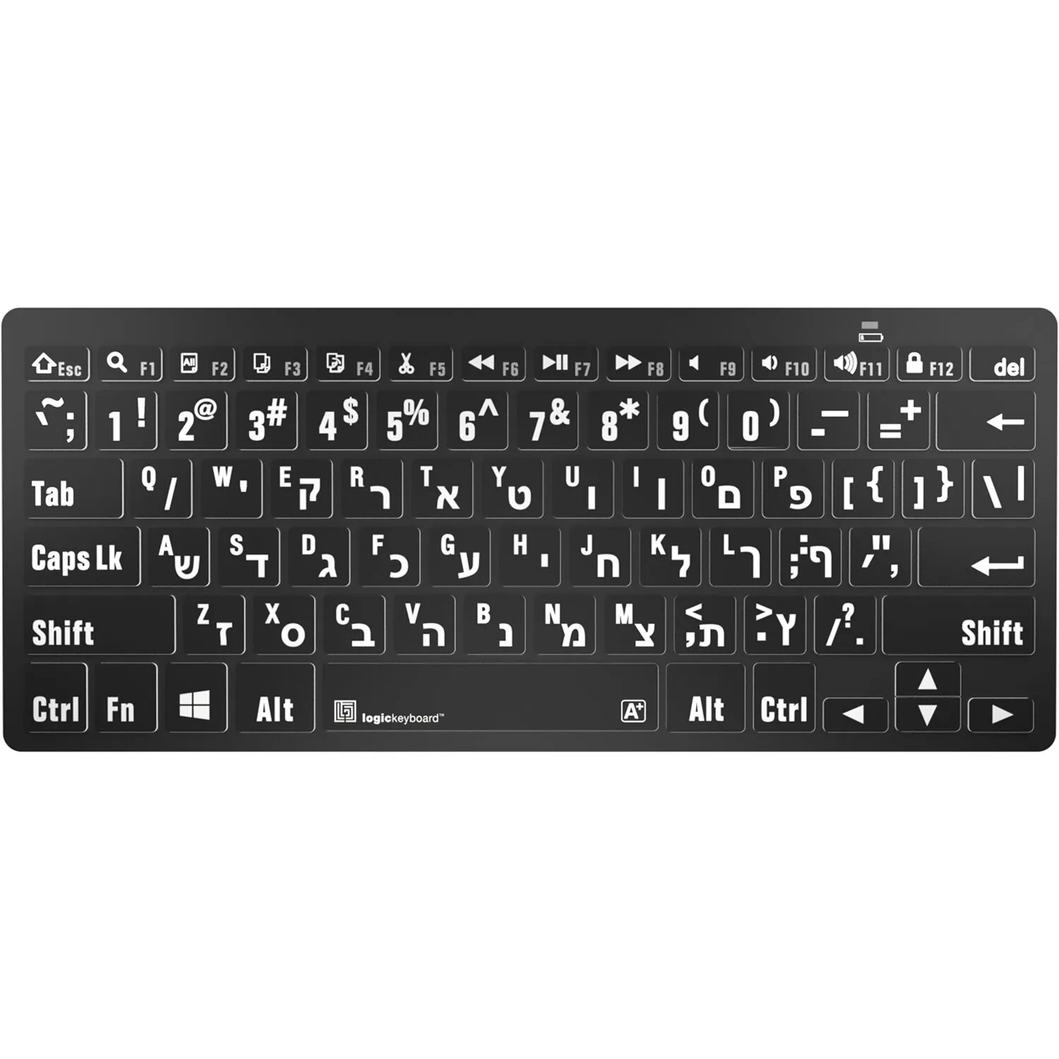 Logickeyboard LargePrint White-on-Black Bluetooth Mini Keyboard (Windows, US English & Hebrew)