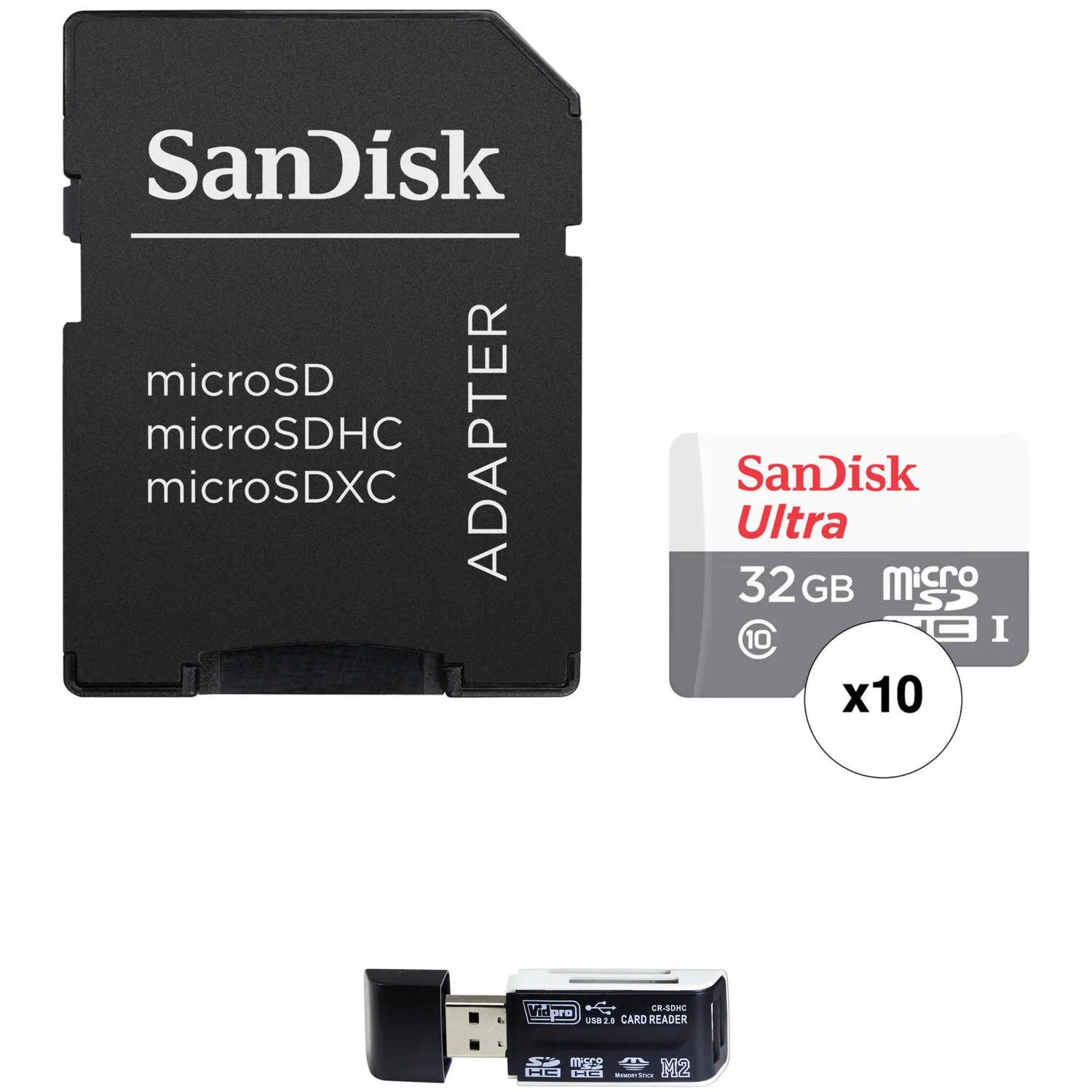 SanDisk 32GB Ultra UHS-I microSDHC Memory Card with SD Adapter (10-Pack) and 4-in-1 USB 2.0 Card Reader
