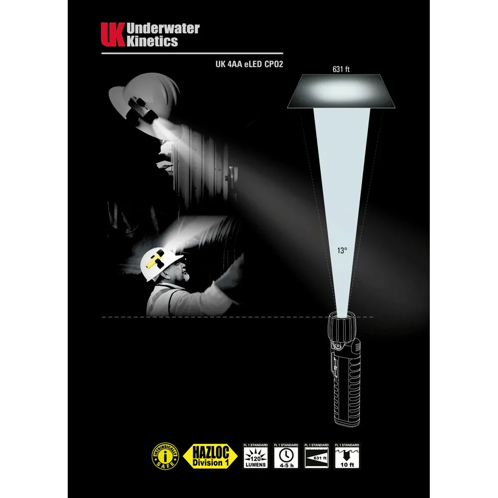 Underwater Kinetics 4AA eLED CPO Intrinsically Safe Flashlight with Tail Switch & Batteries (Safety Yellow)