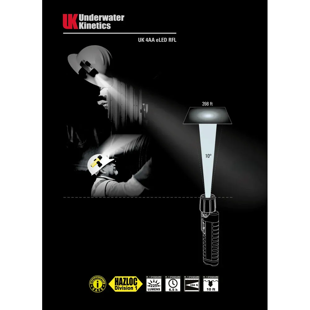 Underwater Kinetics 4AA eLED RFL Flashlight with Tail Switch (Black)