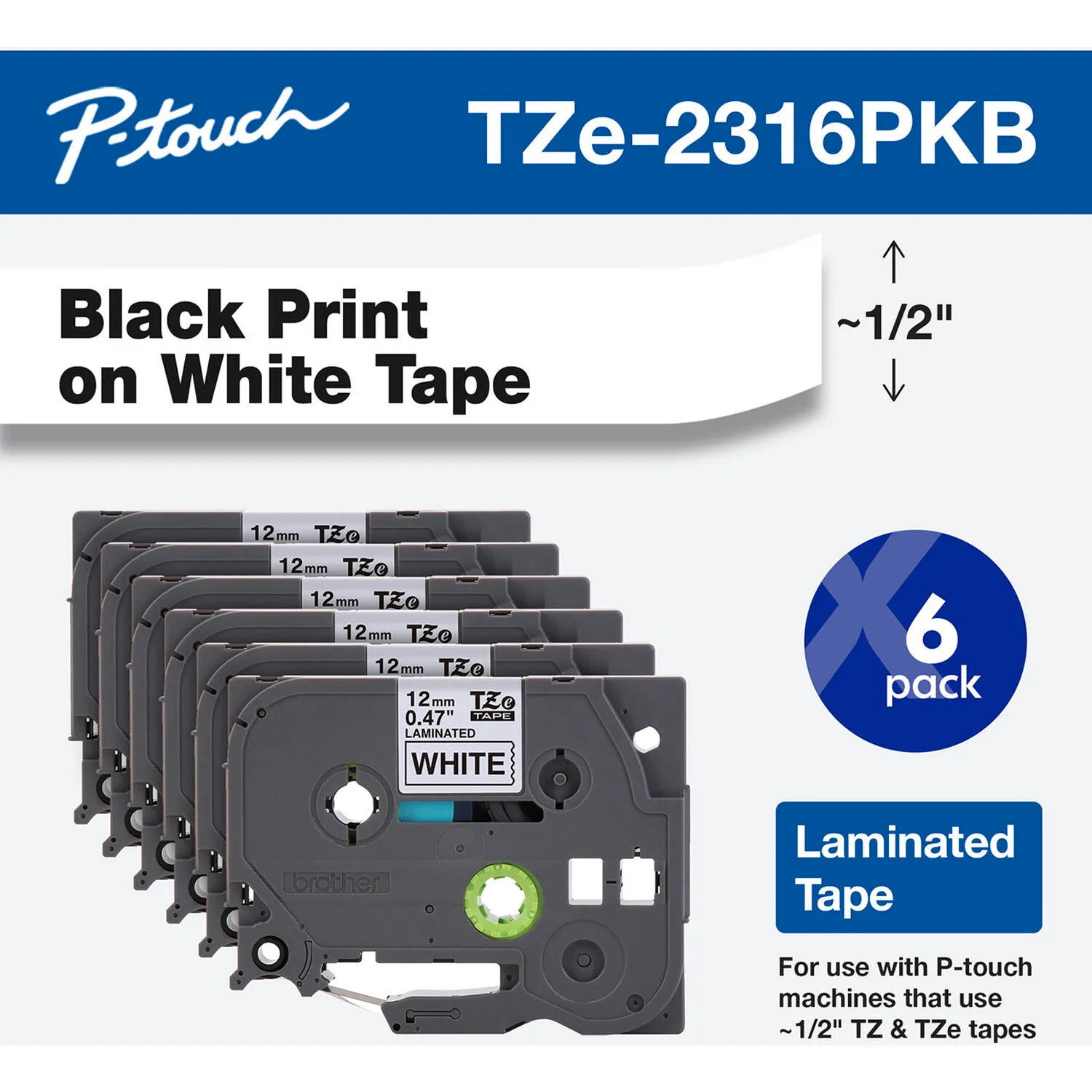 Brother TZe231 Laminated Tape for P-Touch Labelers (Black on White, 0.5" x 26.2', 6-Pack)