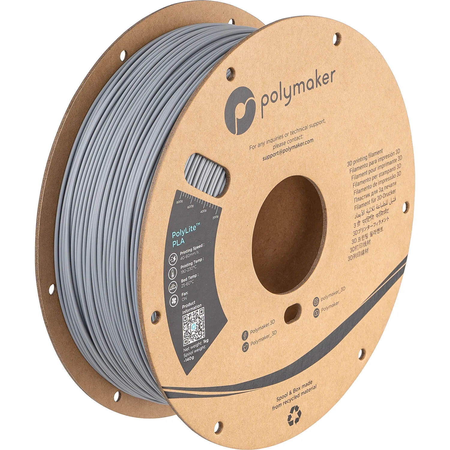 Polymaker 1.75mm PolyLite PLA Filament (1kg, Gray)
