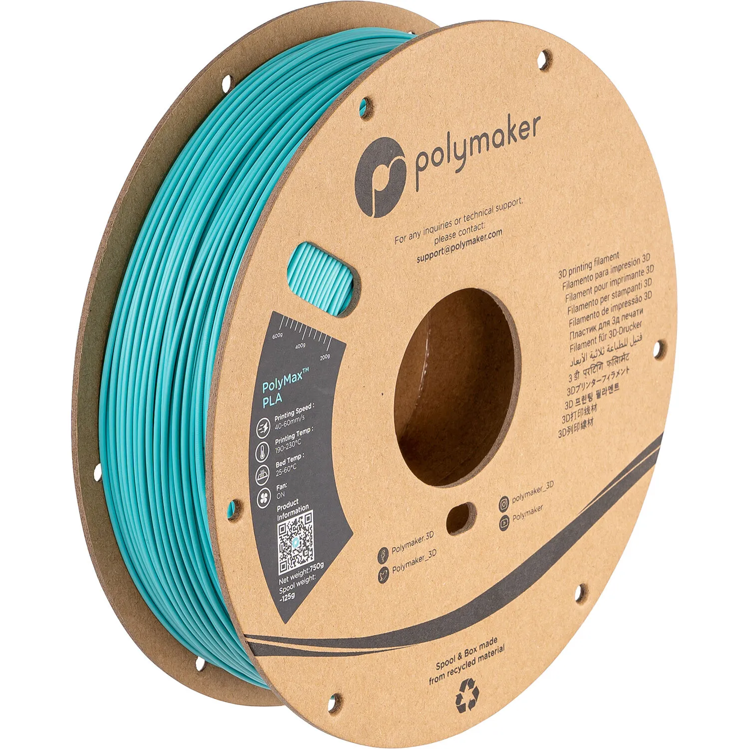 Polymaker 1.75mm PolyMax PLA Filament (750g, Polymaker Teal)