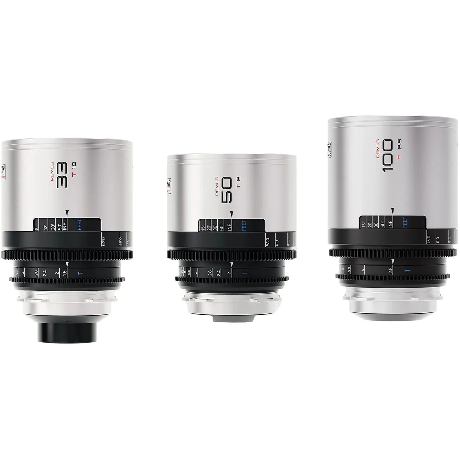 BLAZAR LENS Remus 1.5x Full-Frame Anamorphic 33, 50, and 100mm 3-Lens Set (ARRI PL, Silver Flare)