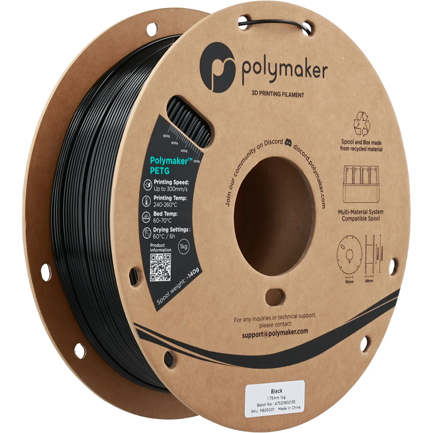 Polymaker 1.75mm PolyLite PETG Filament(1kg, Black)