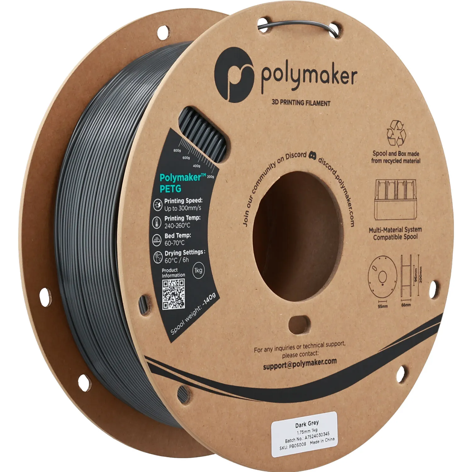 Polymaker 1.75mm PolyLite PETG Filament(1kg, Dark Gray)