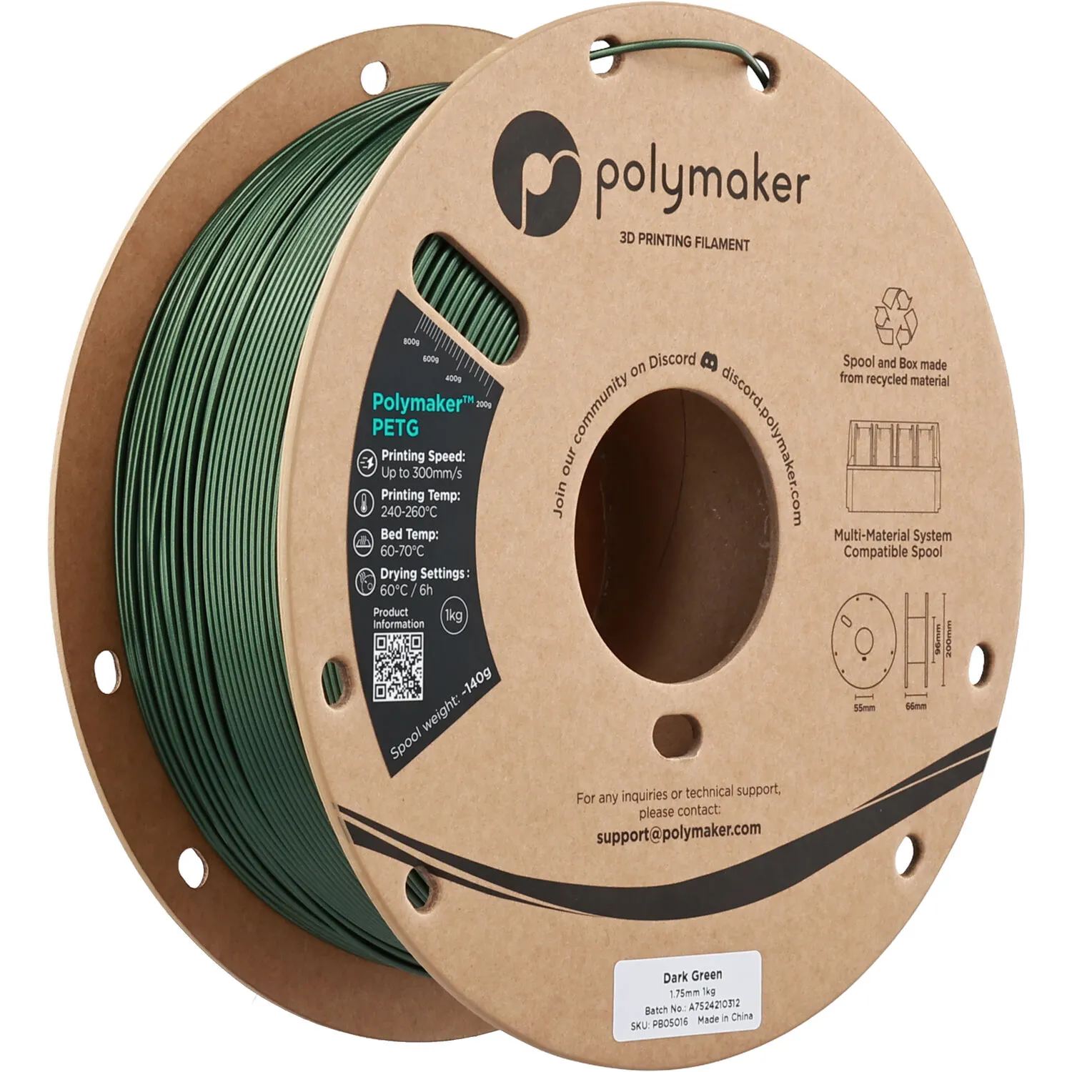 Polymaker 1.75mm PolyLite PETG Filament(1kg, Dark Green)
