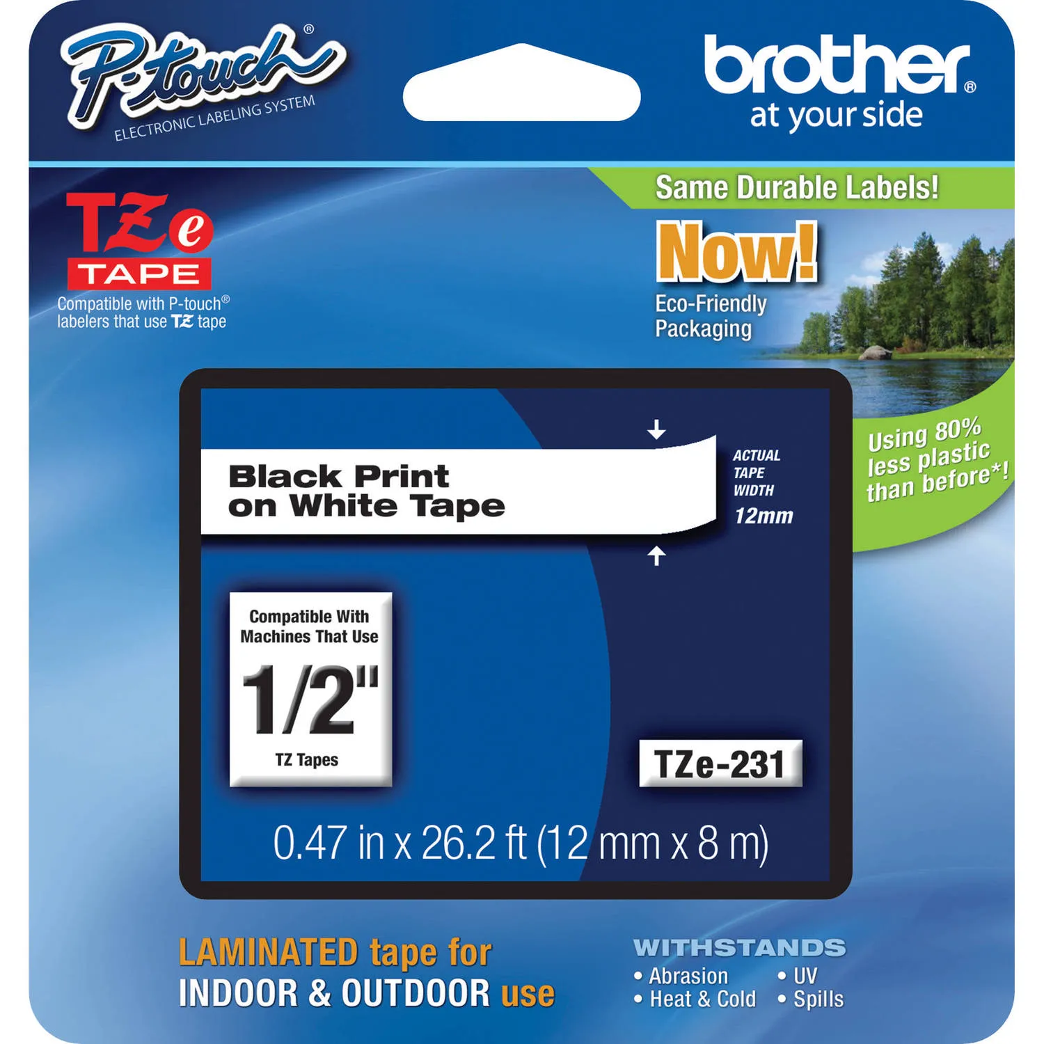 Brother TZe231 Laminated Tape for P-Touch Labelers (Black on White, 0.5" x 26.2')