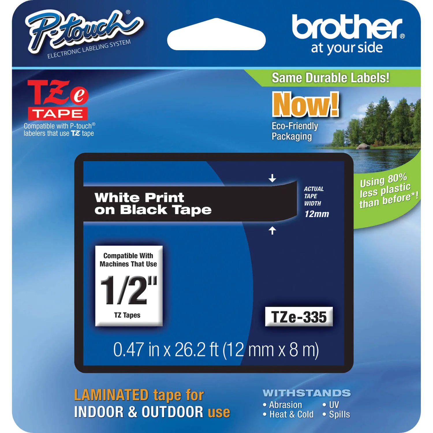 Brother TZe335 Laminated Tape for P-Touch Labelers (White on Black, 0.5" x 26.2')