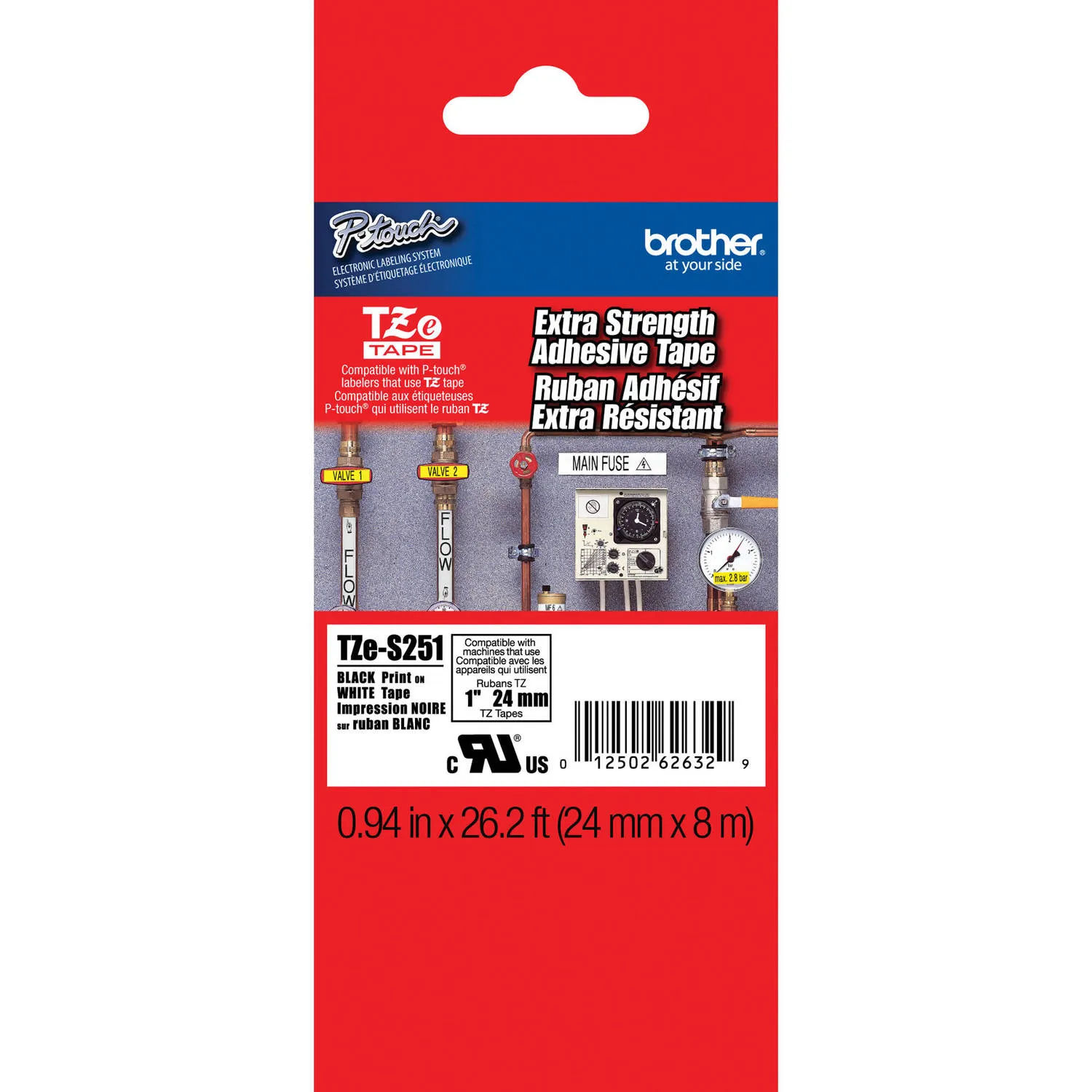 Brother TZeS251 Tape with ExtraStrength Adhesive for P-Touch Labelers (Black on White, 1" x 26.2')