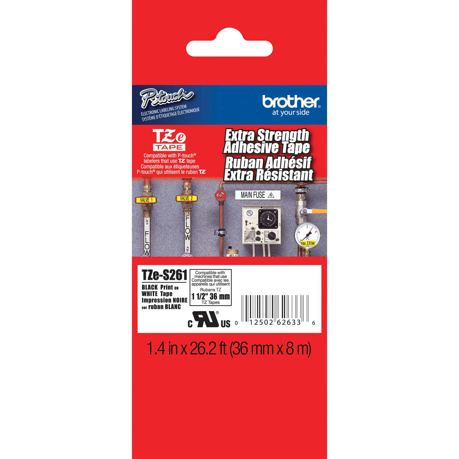 Brother TZeS261 Tape with ExtraStrength Adhesive for P-Touch Labelers (Black on White, 1.5" x 26.2')
